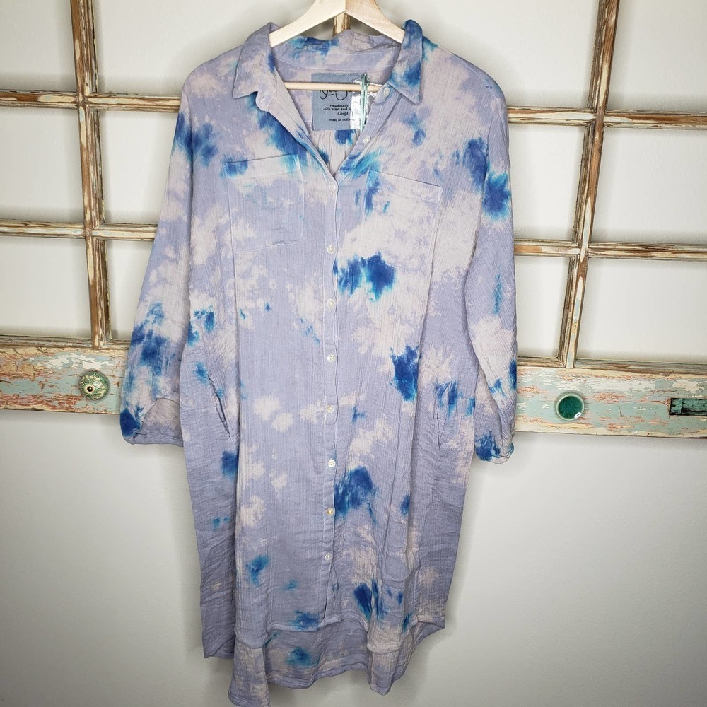 Kyla Seo Blue Tie-Dye Button Down Shirt long Gauze beach Cover Up Purple